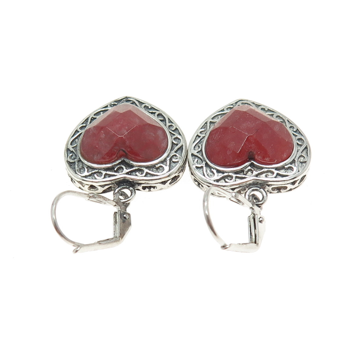 925 Sterling Silver Vintage Real Heart-Cut Ruby Ornate Dangle Earrings