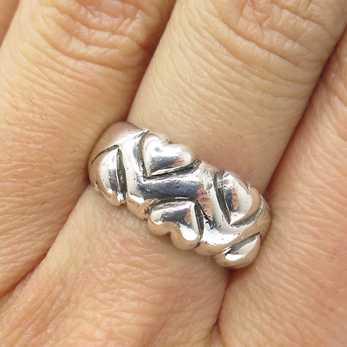 925 Sterling Silver Vintage France Puffy Heart Modernist Ring Size 7