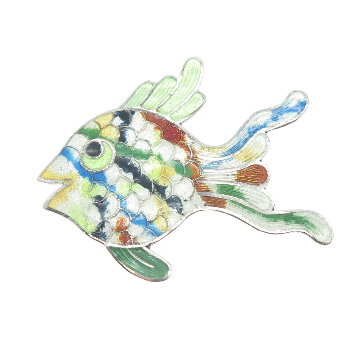 JERONIMO FUENTES 925 Sterling Vintage Mexico Cloisonne Enamel Fish Pin Brooch