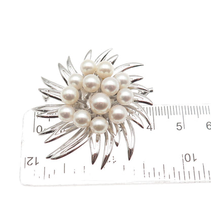 925 Sterling Silver Antique Art Deco Real Akoya Pearl Floral Pin Brooch