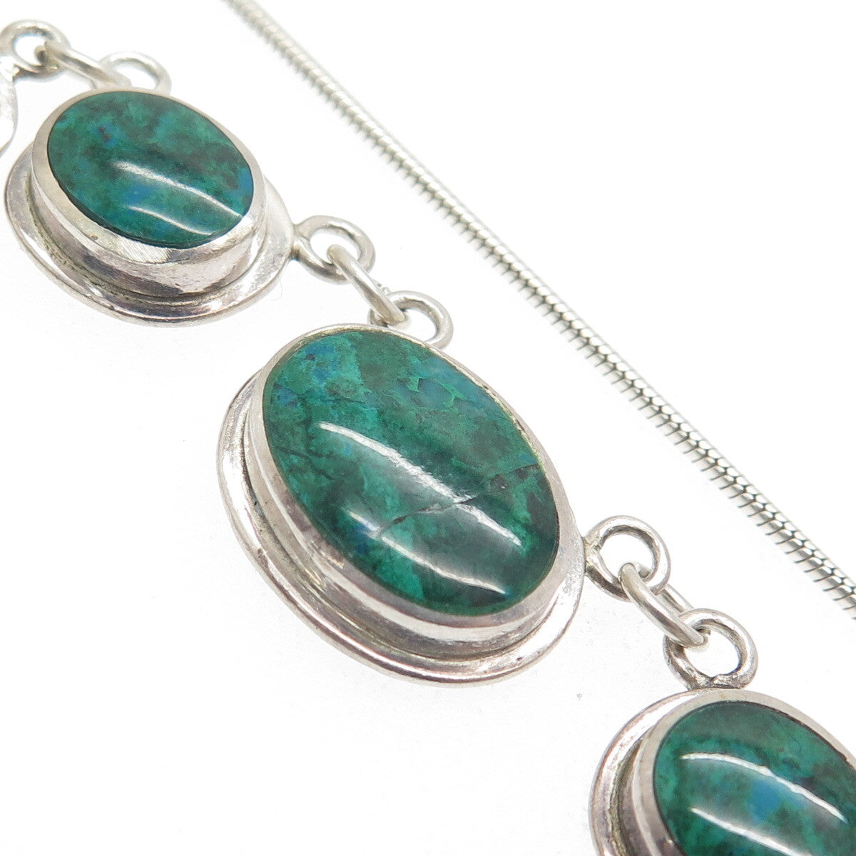 925 Sterling Silver Vintage Real Cabochon Azurite Snake Chain Necklace 16"