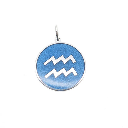 925 Sterling Silver Blue Enamel Aquarius Zodiac Sign Minimalist Charm Pendant