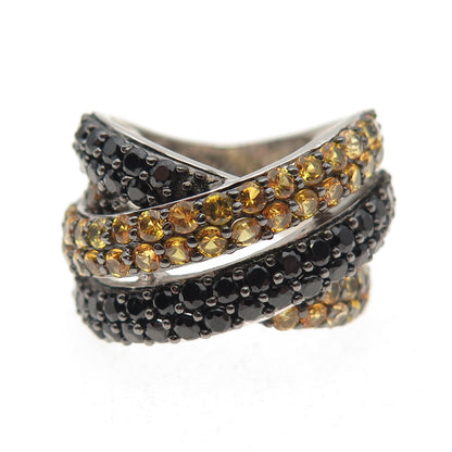 925 Sterling Silver Real Yellow Topaz & Black Spinel Crisscross Ring Size 7.25