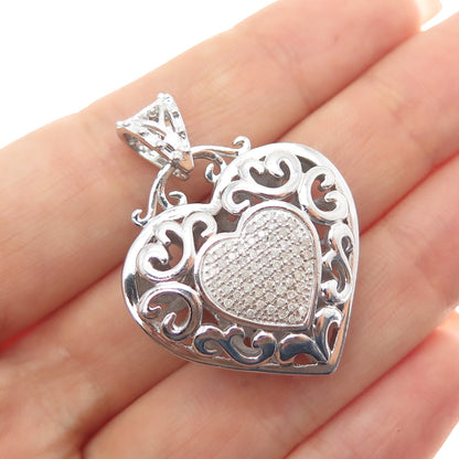 925 Sterling Silver Real Round-Cut Diamond Ornate Heart Charm Pendant
