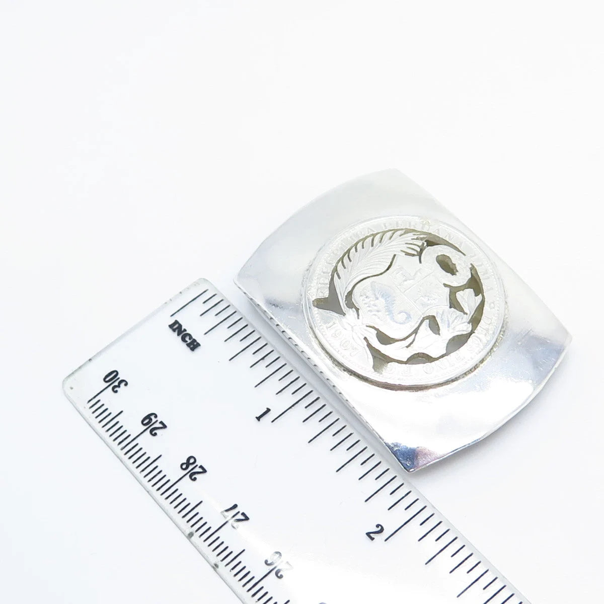 925 Sterling Silver Antique 1907 Peruvian Dinero Coin Belt Buckle
