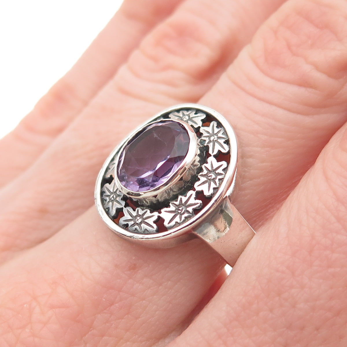 PSCL Peter Stone 925 Sterling Silver Vintage Real Amethyst Sun Ring Size 8.25