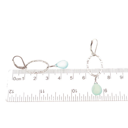 925 Sterling Silver Real Aquamarine Hammered Oval Dangle Earrings