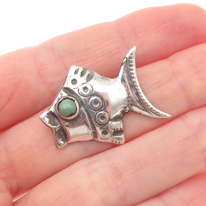 925 Sterling Silver Vintage Mexico Real Turquoise Fish Oxidized Pin Brooch