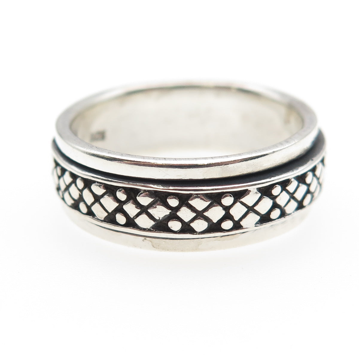 925 Sterling Silver Vintage Granulated Oxidized Rotating Band Ring Size 12.75