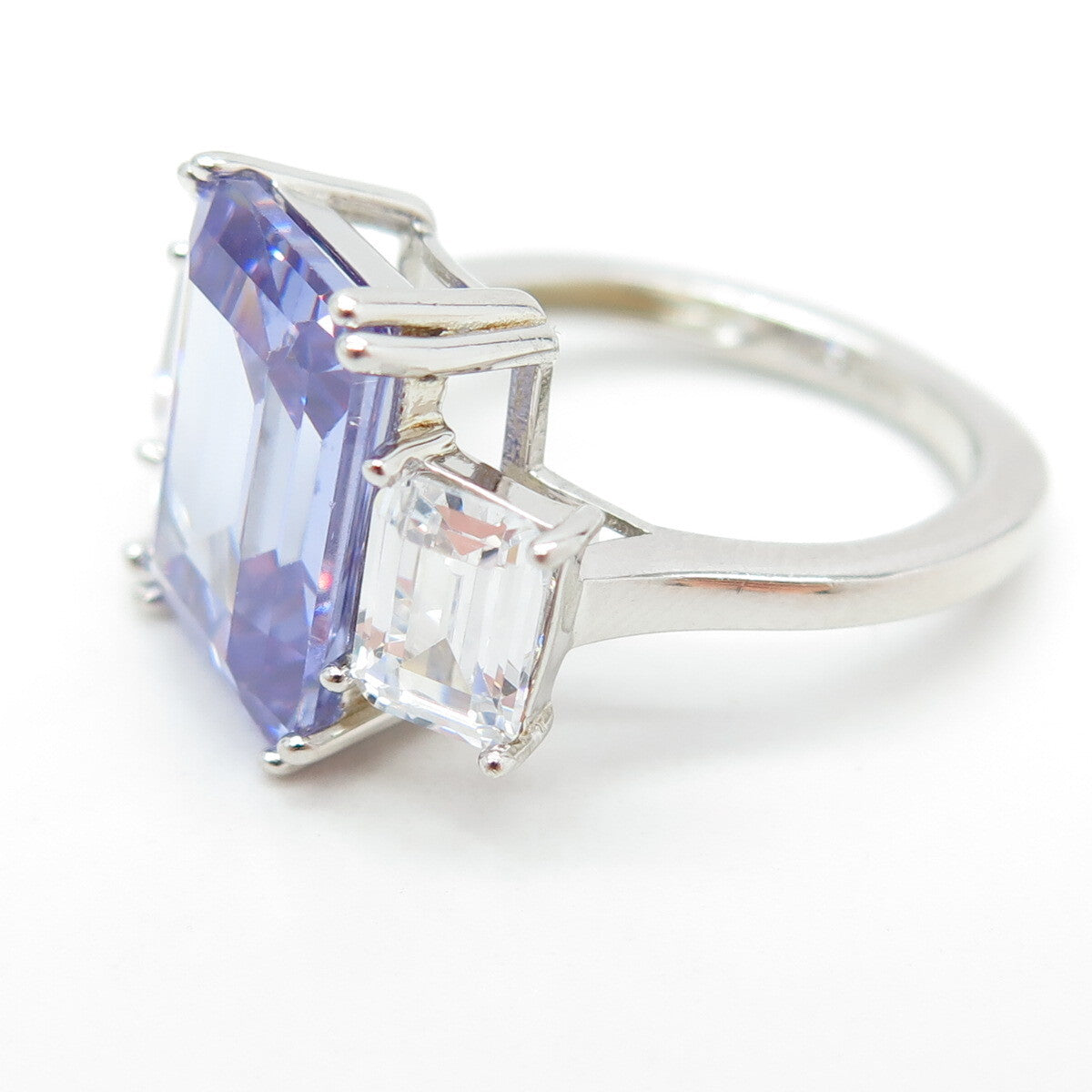 925 Sterling Silver Emerald-Cut Purple & White C Z Ring Size 7.25