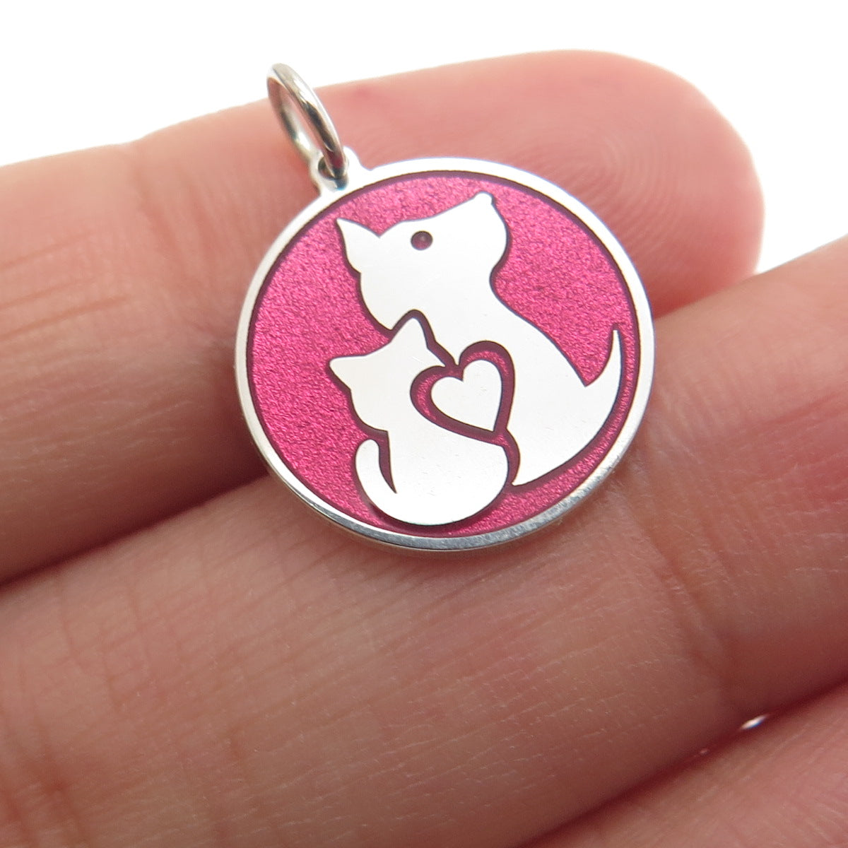 925 Sterling Silver Pink Enamel Cat & Dog Friendship Minimalist Charm Pendant