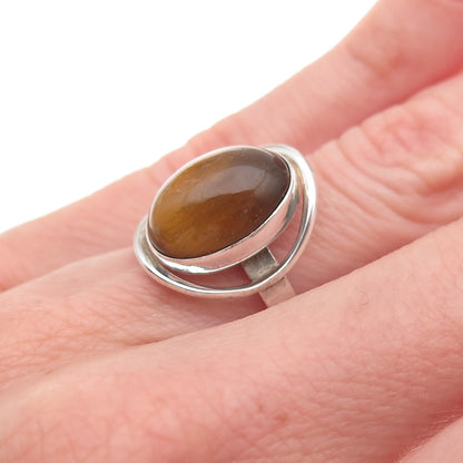 925 Sterling Silver Vintage Israel Real Tiger Eye Modernist Oxidized Ring Size 6
