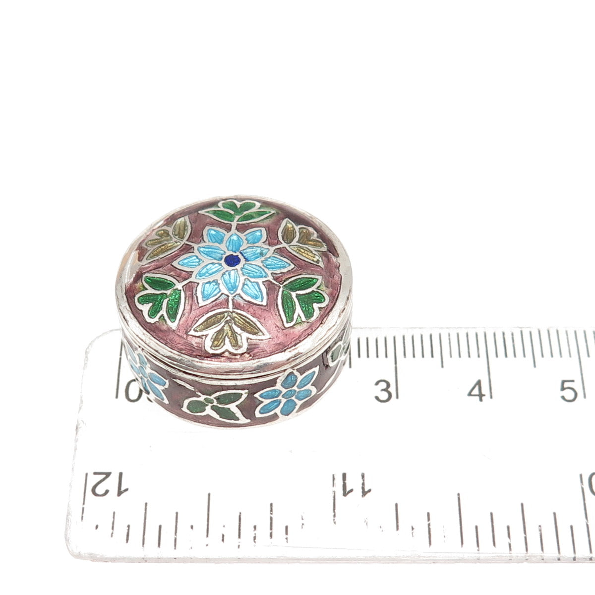 925 Sterling Silver Vintage Enamel Floral Snuff / Pill Box