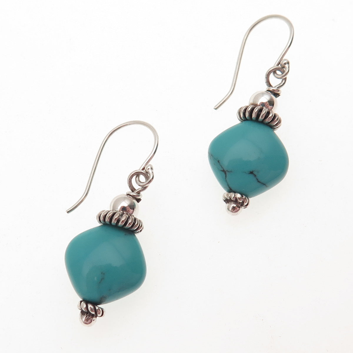 925 Sterling Silver Vintage Real Tyrone Turquoise Cannetille Dangle Earrings