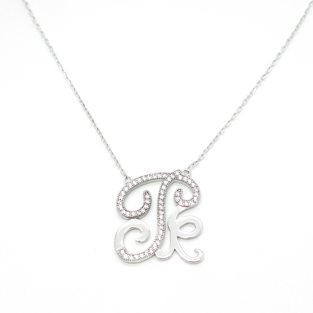 925 Sterling Silver Round-Cut C Z Letter "T" Ornate Cable Chain Necklace 16-18"