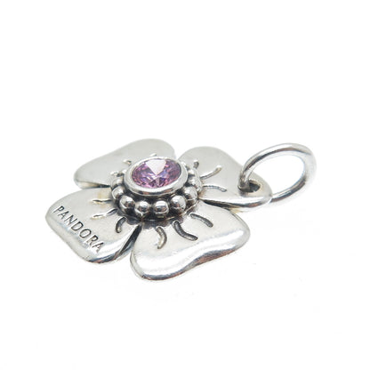 PANDORA 925 Sterling Silver Round-Cut Pink C Z Flower Charm Pendant