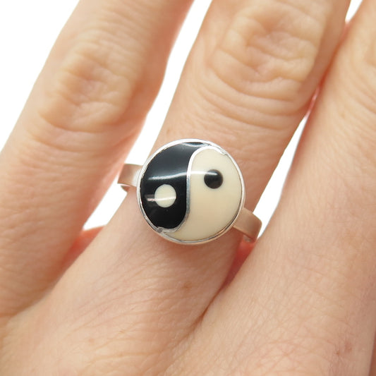 925 Sterling Silver Vintage Black & White Enamel Yin Yang Ring Size 6.25