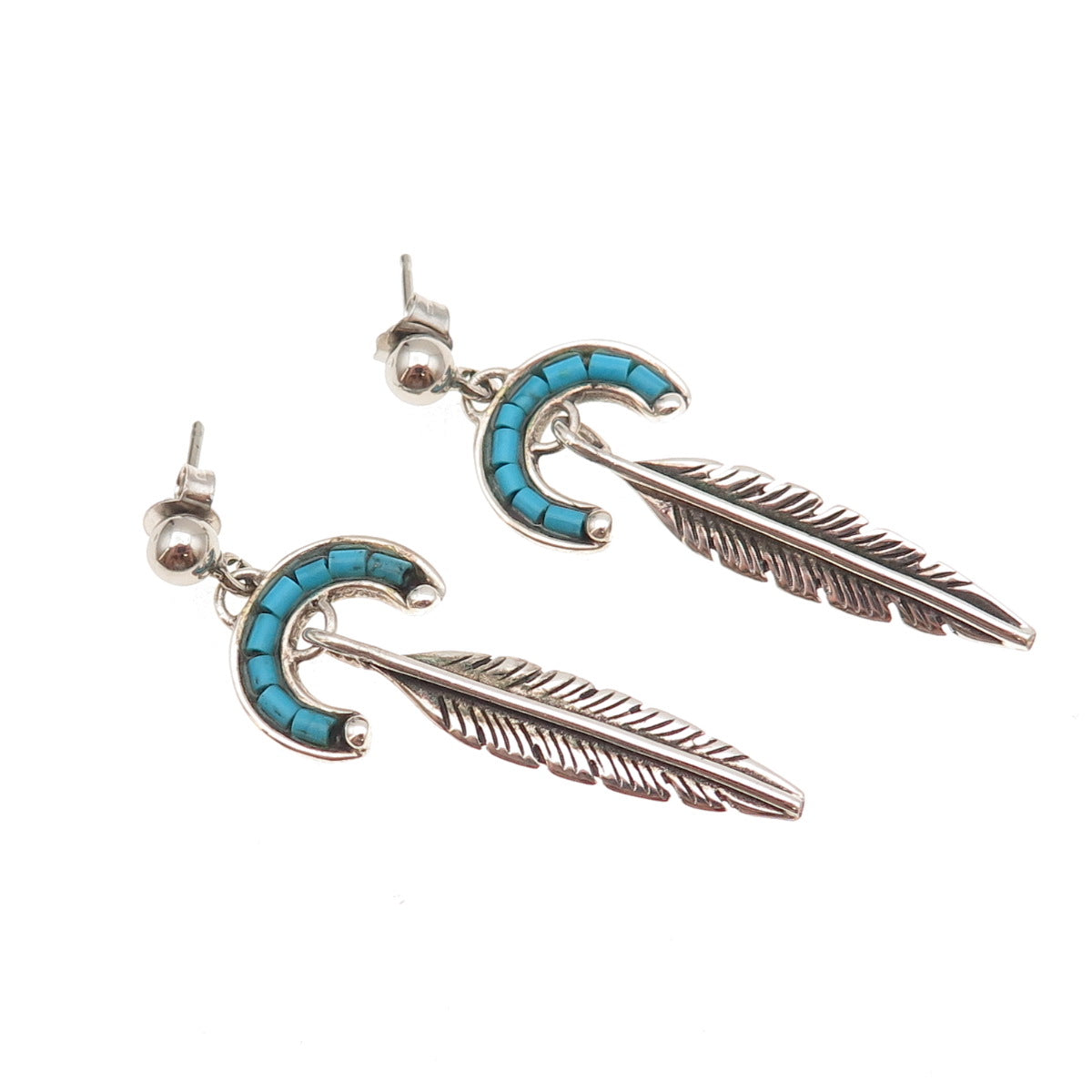 Old Pawn 925 Sterling Silver Vintage Turquoise Feather Tribal Dangle Earrings