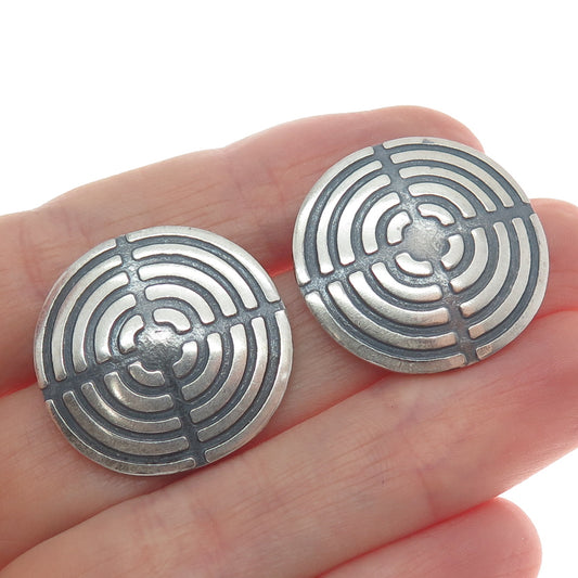 925 Sterling Silver Vintage Mexico Maze Oxidized Round Earrings