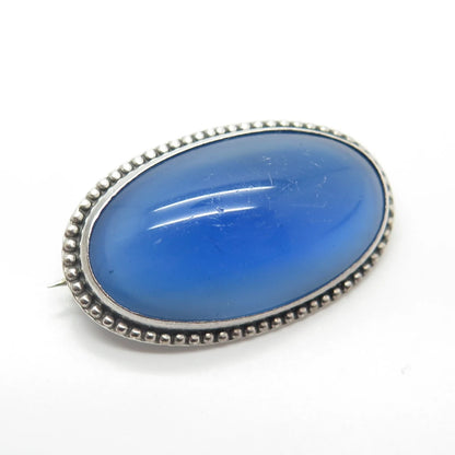 925 Sterling Silver Vintage Real Blue Glass Pin Brooch