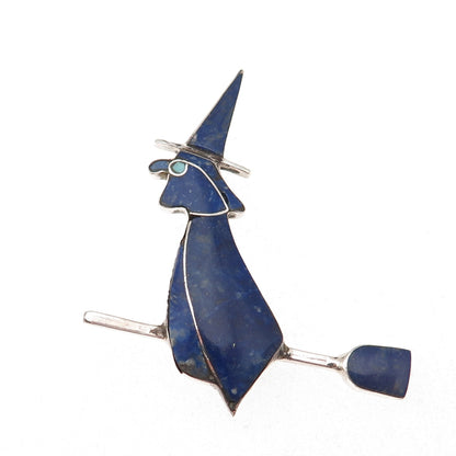 980 Silver Vintage Real Lapis Turquoise Witch & Broomstick Pin Brooch / Pendant