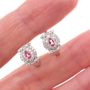925 Sterling Silver Pink & White C Z Hoop Earrings