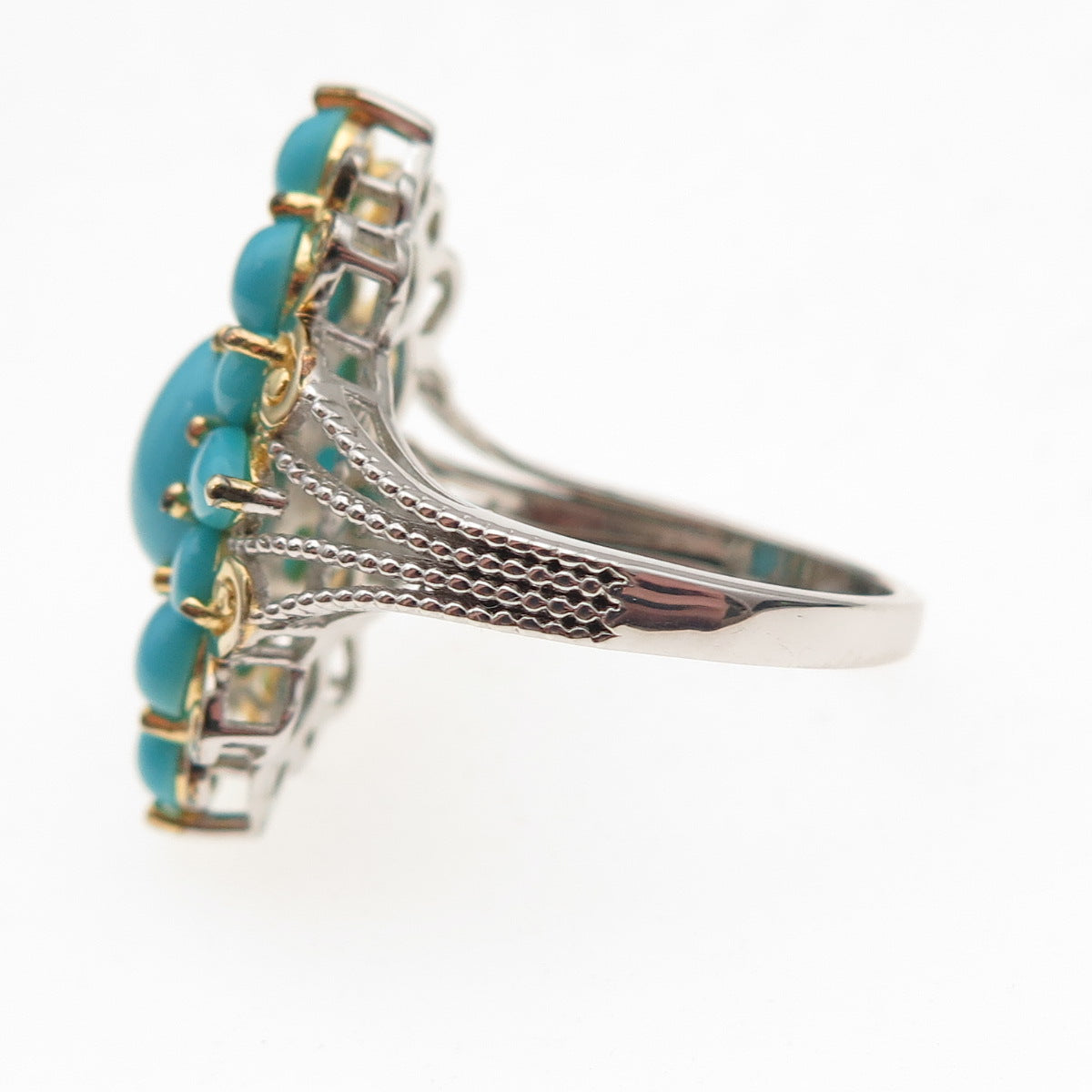 925 Sterling Silver 2-Tone Real Sleeping Beauty Turquoise Floral Ring Size 8.25