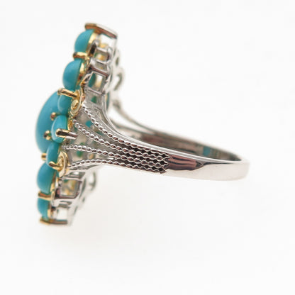 925 Sterling Silver 2-Tone Real Sleeping Beauty Turquoise Floral Ring Size 8.25