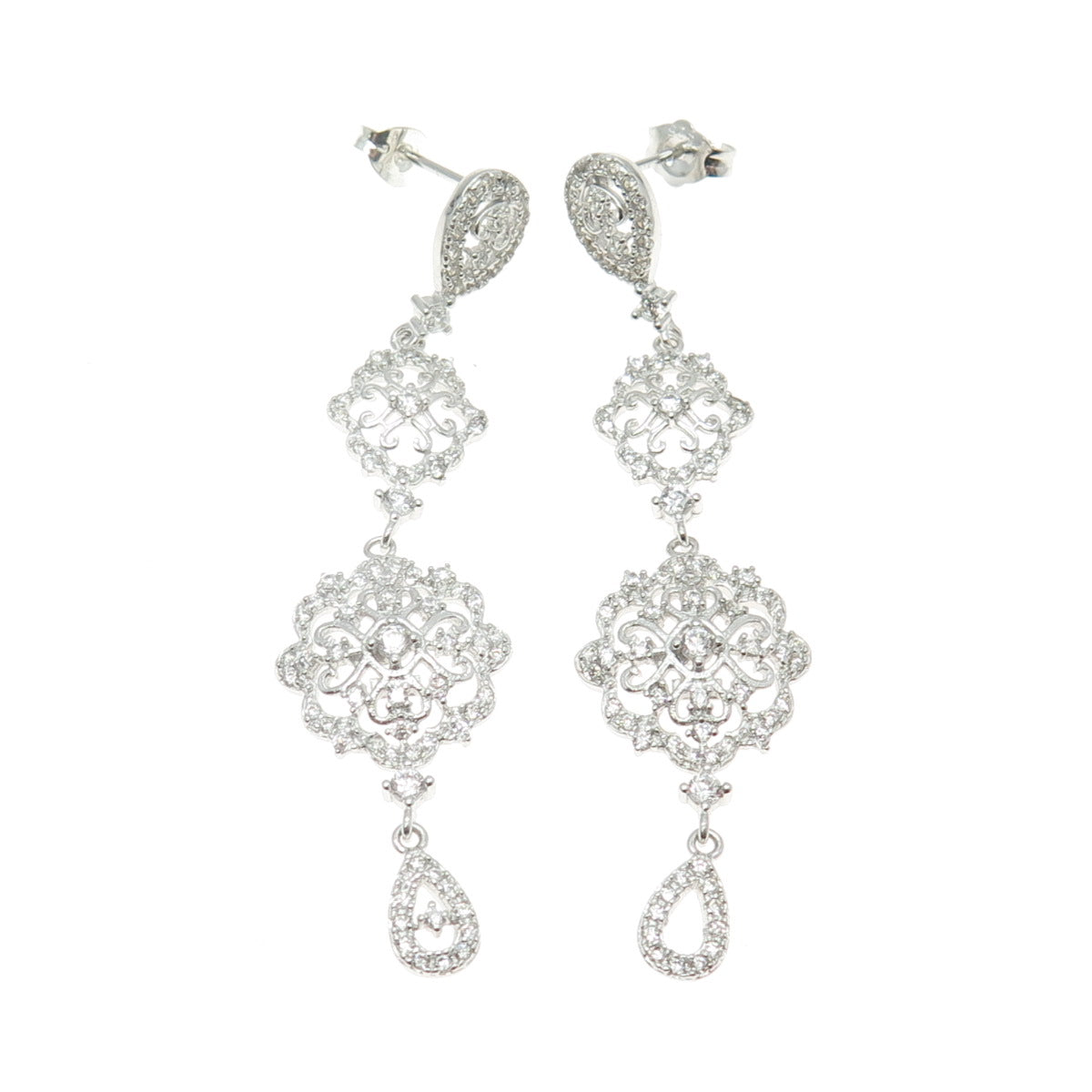 925 Sterling Silver Round-Cut C Z Floral Drop Dangling Earrings