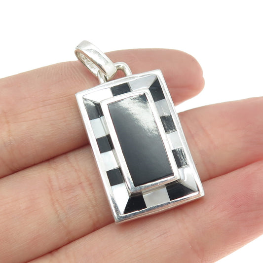 925 Sterling Silver Vintage Real Mother-of-Pearl & Black Onyx Pendant