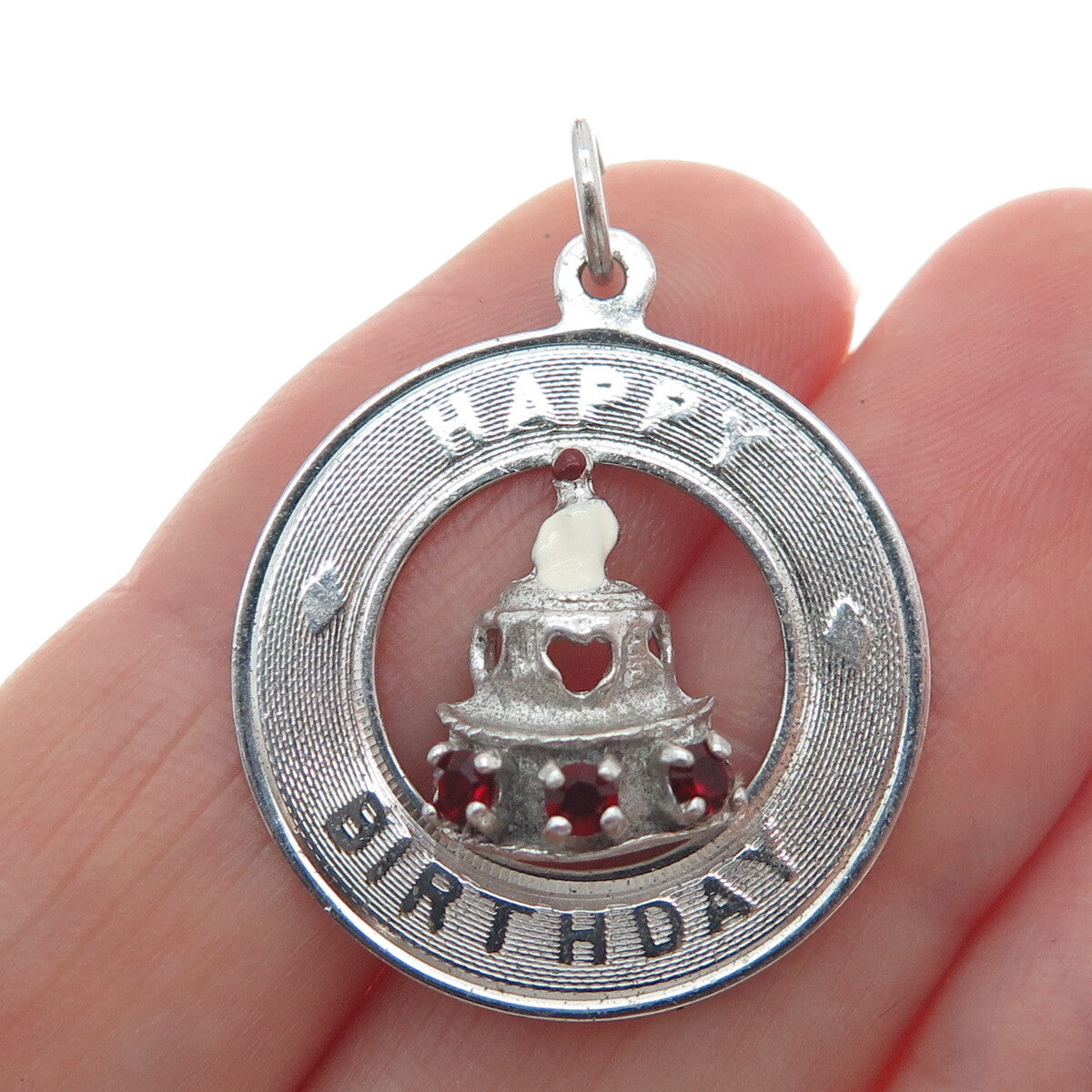MARC MERCY 925 Sterling Silver Vintage Rhinestone "Happy Birthday" Cake Pendant