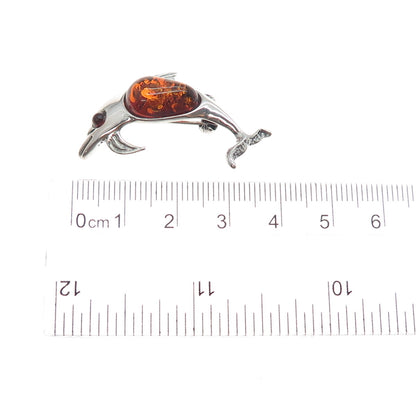 925 Sterling Silver Vintage Real Amber Dolphin Oxidized Pin Brooch