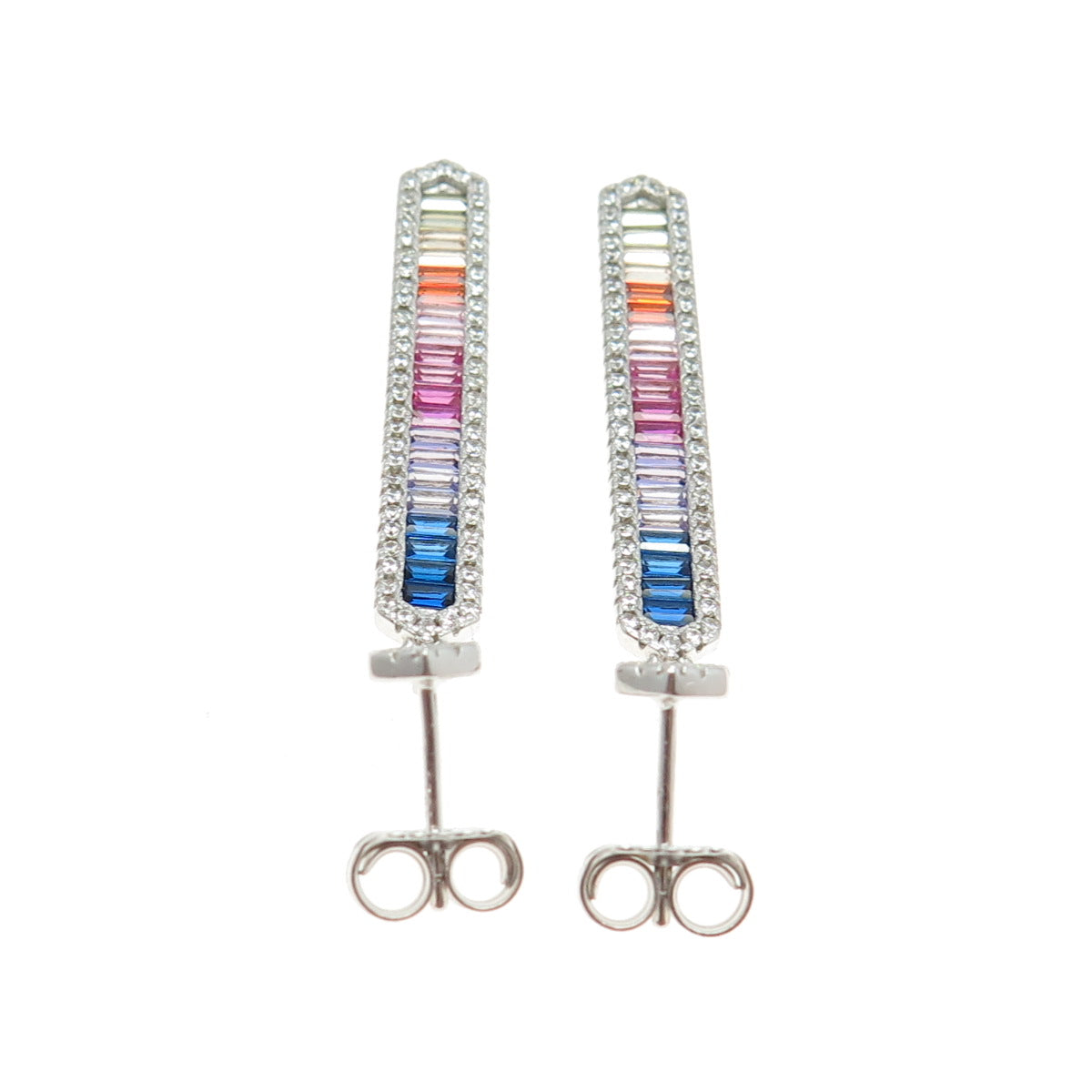 925 Sterling Silver Multi-Color Baguette-Cut C Z Bar Dangling Earrings