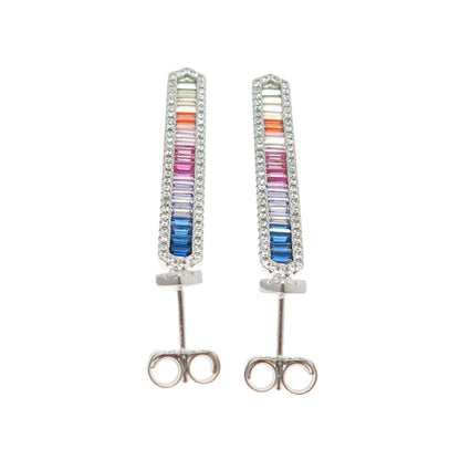 925 Sterling Silver Multi-Color Baguette-Cut C Z Bar Dangling Earrings