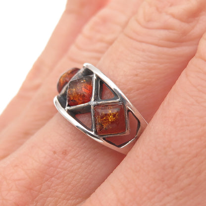 925 Sterling Silver Vintage Poland Real Amber Oxidized Ring Size 7.5