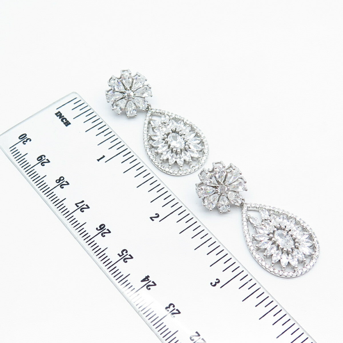 925 Sterling Silver C Z Floral Dangling Drop Earrings