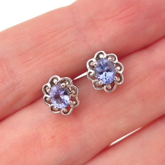 Chuck Clemency 925 Sterling Silver Real Oval-Cut Tanzanite Floral Stud Earrings