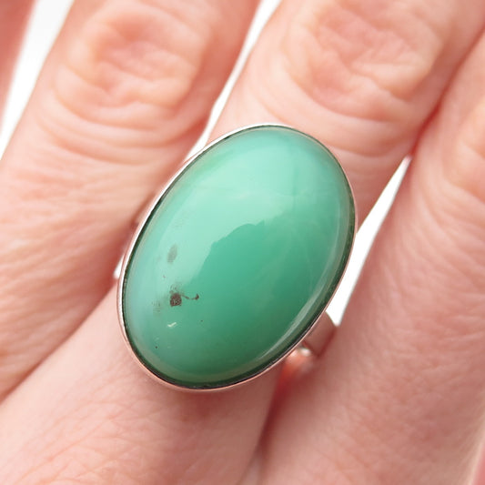 925 Sterling Silver Vintage Real Cabochon Chrysoprase Ring Size 7.75