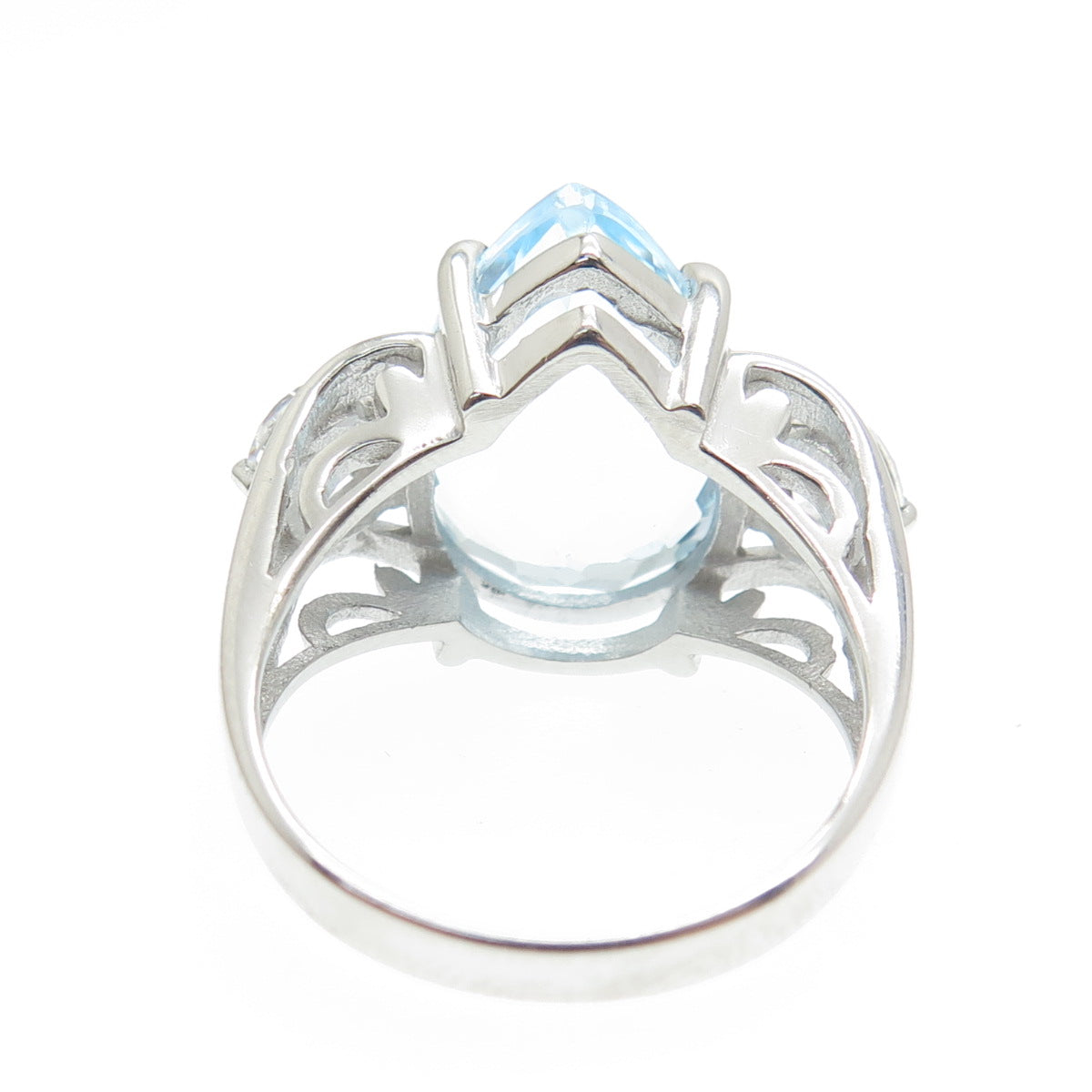 925 Sterling Silver Real Pear-Cut Blue Topaz & C Z Ring Size 7