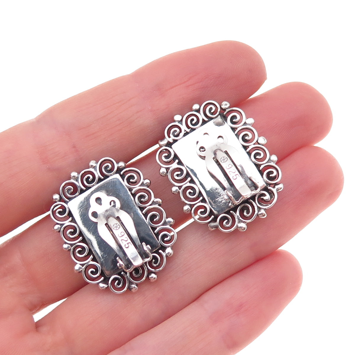 950 Silver Vintage Real Black Onyx & Opal Modernist Oxidized Clip On Earrings
