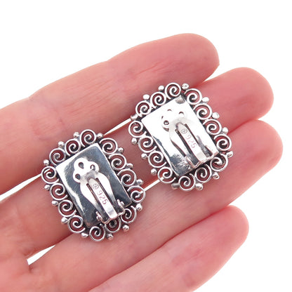 950 Silver Vintage Real Black Onyx & Opal Modernist Oxidized Clip On Earrings