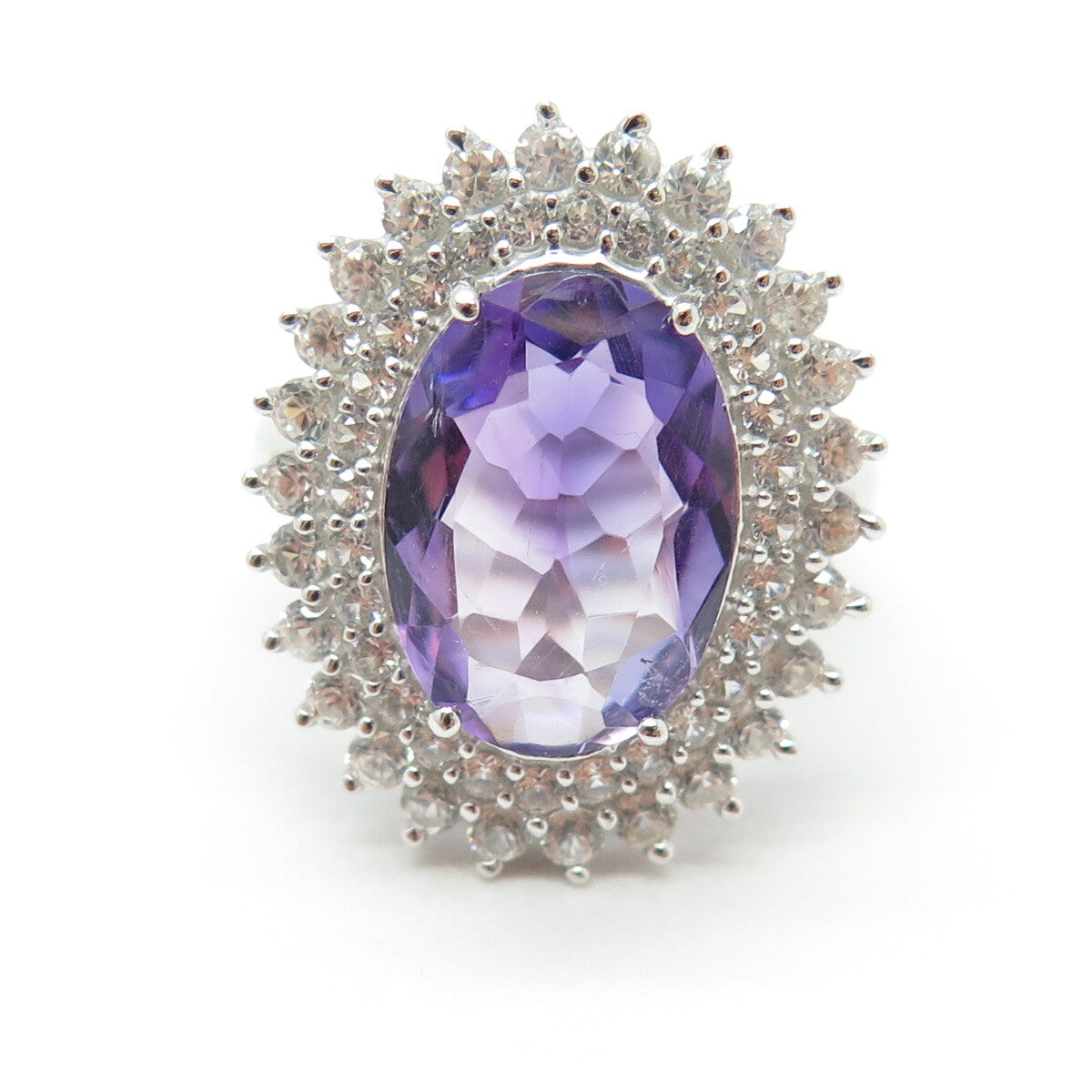 DSMK 925 Sterling Silver Oval-Cut Amethyst Round-Cut White Topaz Ring Size 7.25