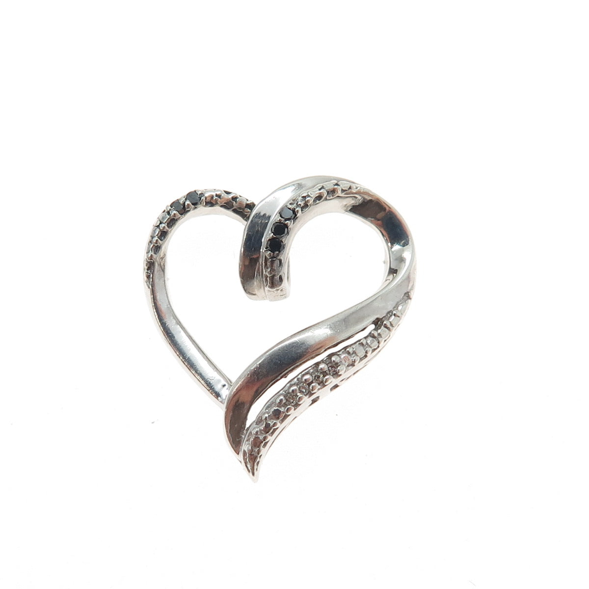 925 Sterling Silver Real Black & White Diamond Heart Minimalist Slide Pendant