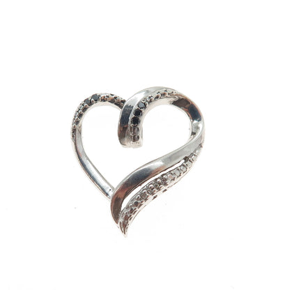 925 Sterling Silver Real Black & White Diamond Heart Minimalist Slide Pendant