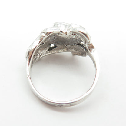 925 Sterling Silver Vintage Real Green Onyx Heart & Flower Ring Size 6.75