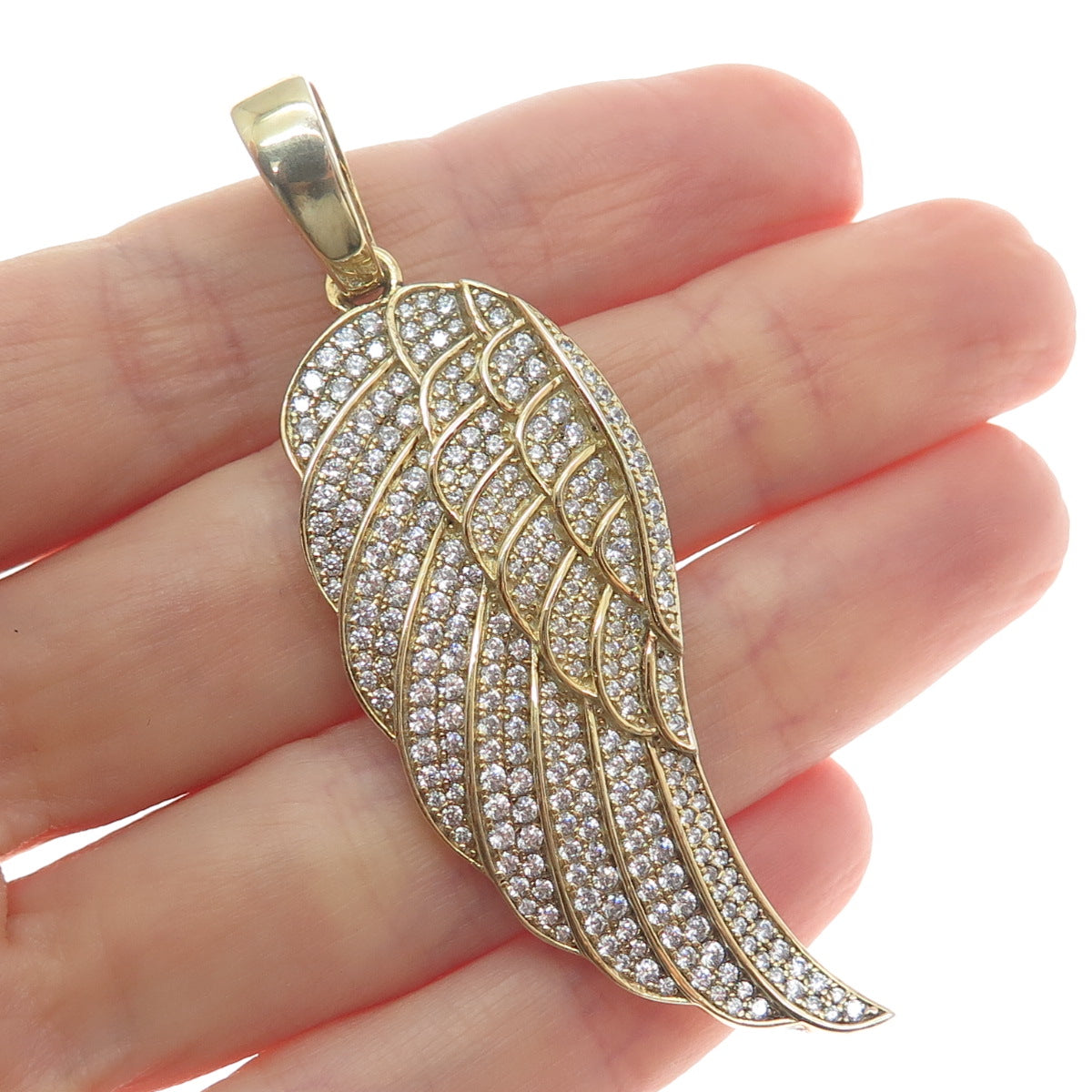925 Sterling Silver Gold Plated Round-Cut Shaped C Z Angel Wing Pendant
