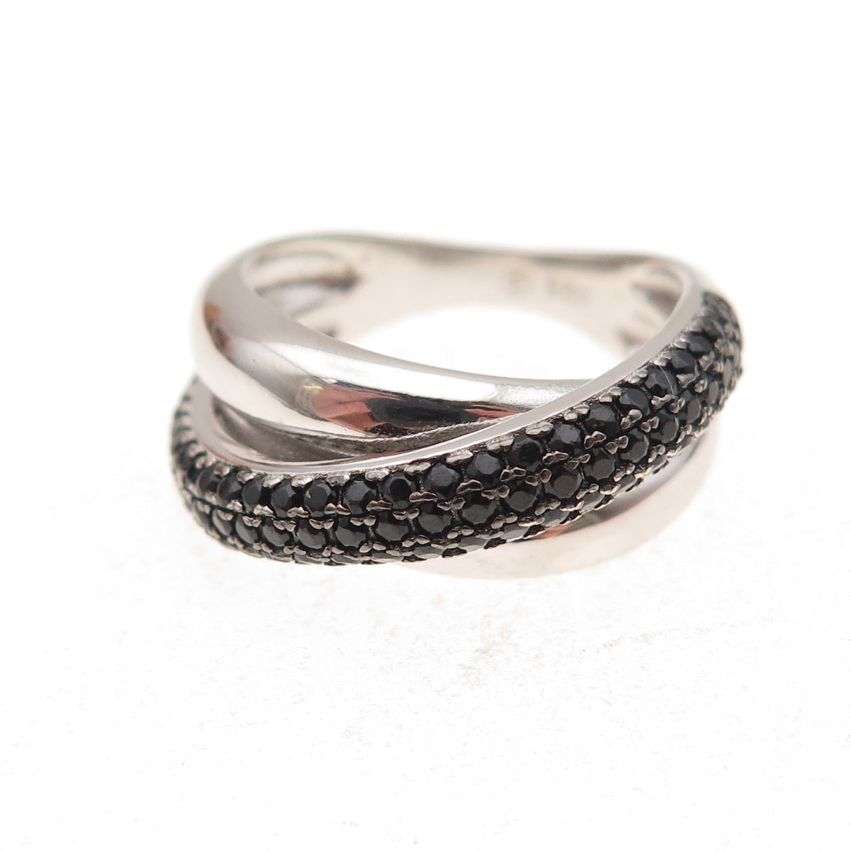 925 Sterling Silver Real Round-Cut Black Spinel Crisscross Ring Size 6.25