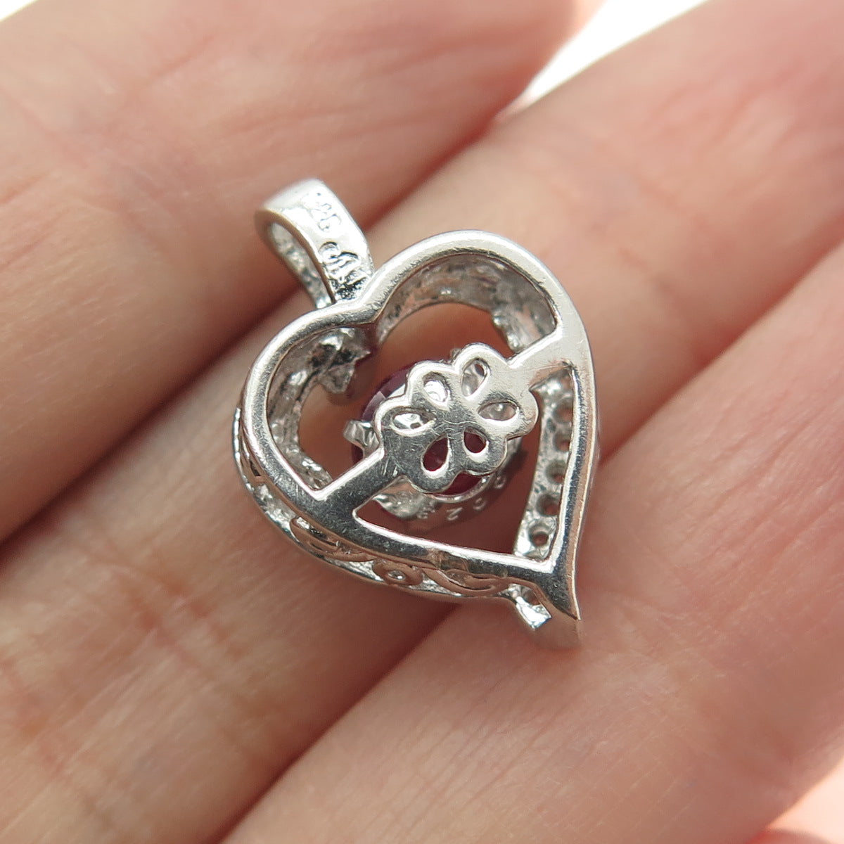 925 Sterling Silver Real White Topaz Gemstone & Lab-Created Ruby Heart Pendant