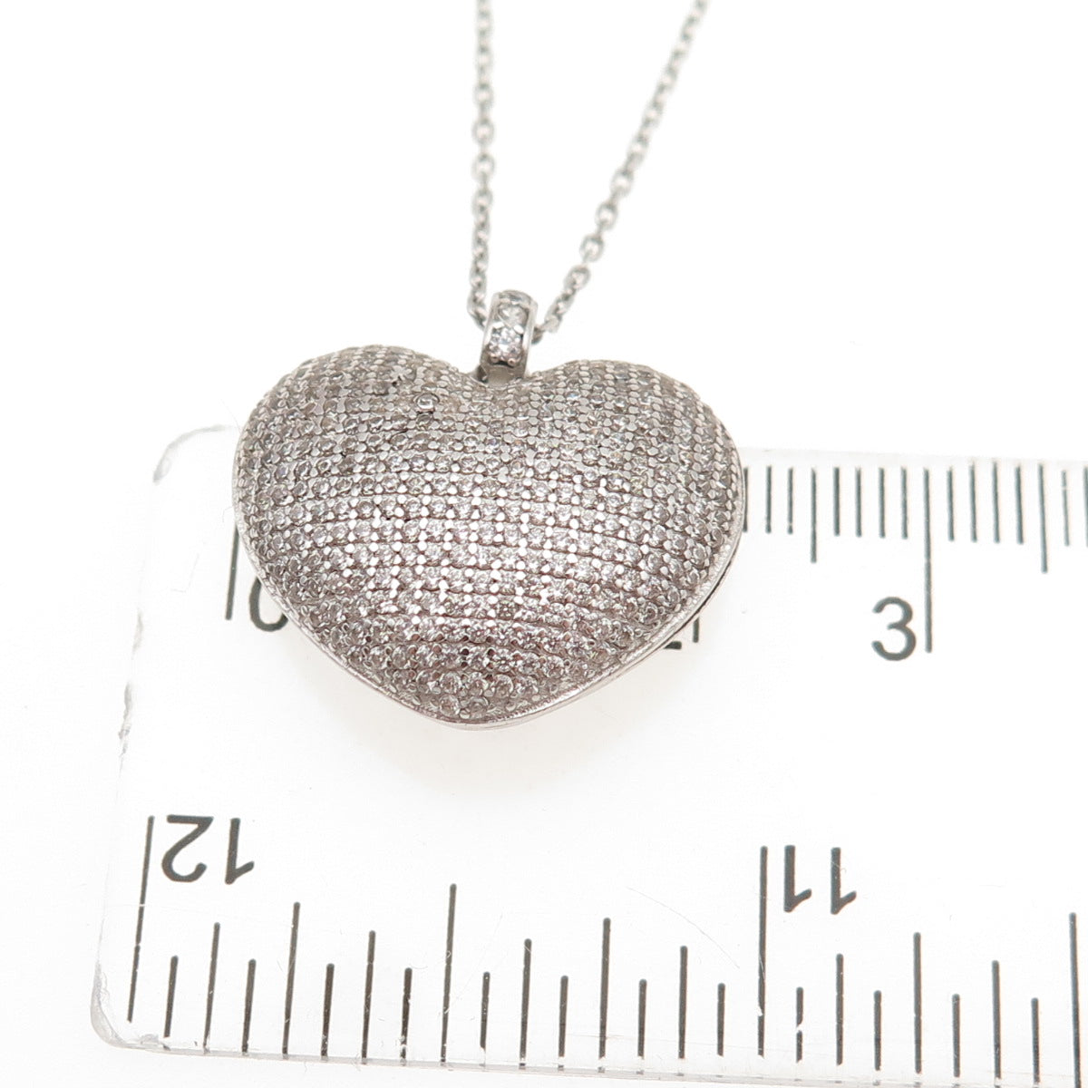 925 Sterling Silver Italy Round-Cut C Z Puffy Heart Cable Chain Necklace 16"