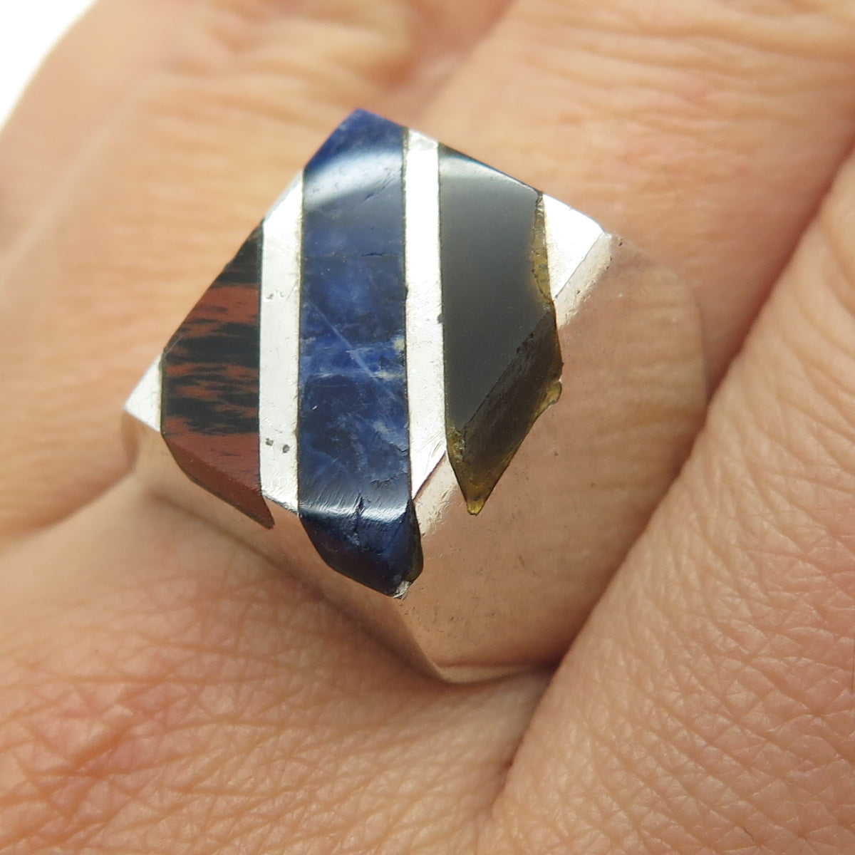 925 Sterling Silver Vintage Real Sodalite & Jasper Ring Size 10.25